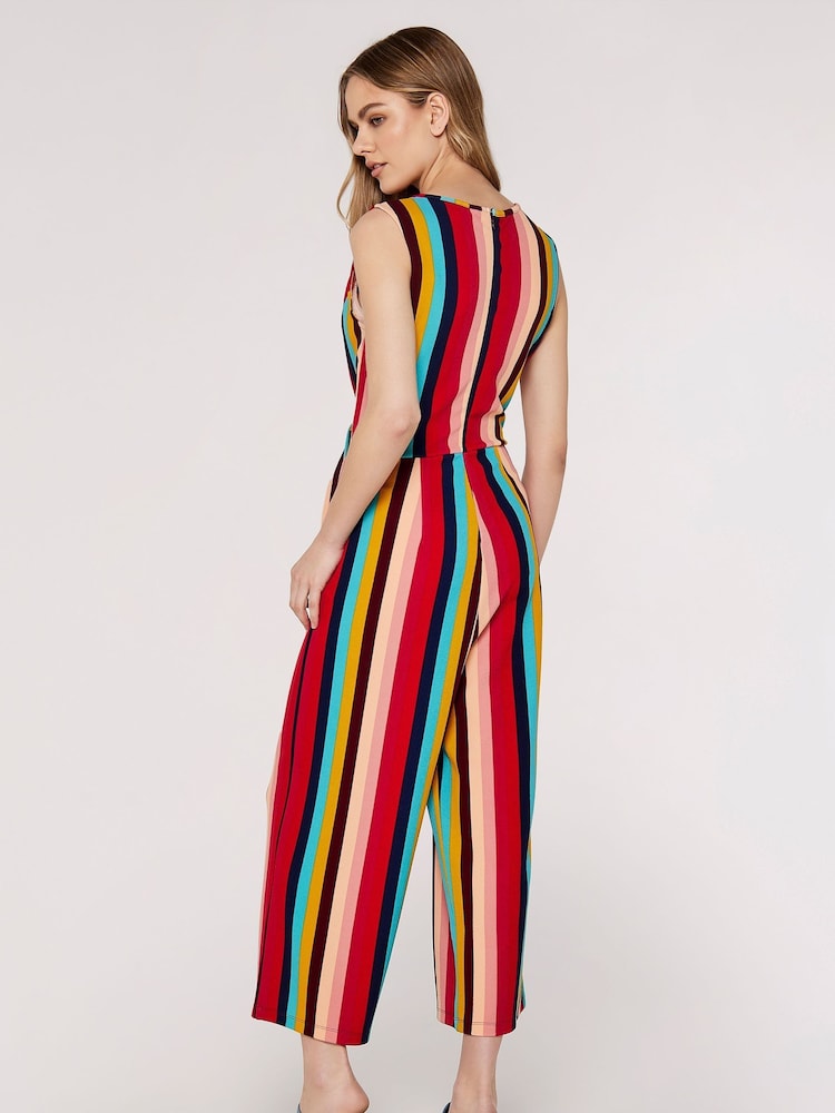 Apricot Red Multi Stripe Tie Waist Jumpsuit - Image 2 of 4 Apricot Red Multi Stripe Tie Waist Jumpsuit - Image 2 of 4
