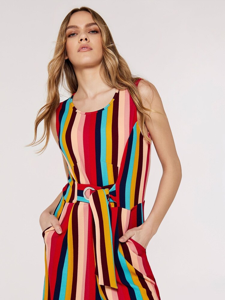 Apricot Red Multi Stripe Tie Waist Jumpsuit - Image 4 of 4