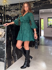 Girl In Mind Green Petite Leila Wrap Skater Mini Dress - Image 3 of 4