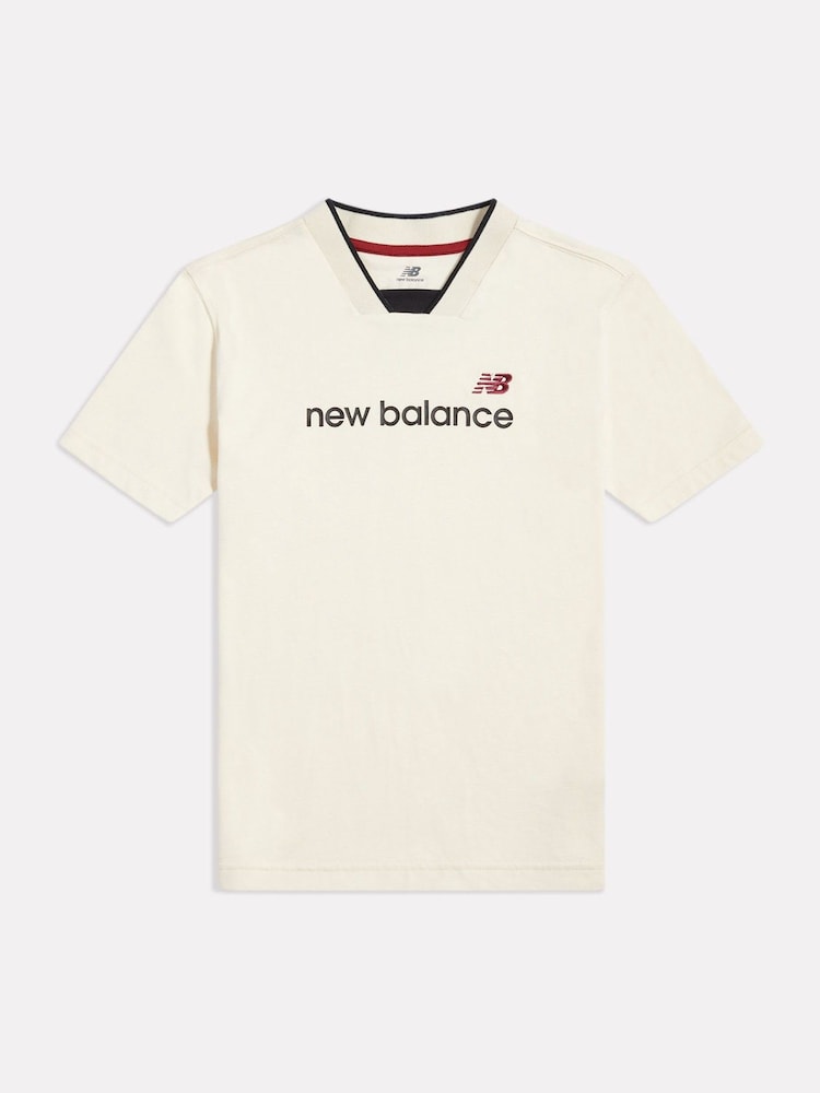 New Balance Cream Linear V-Neck T-Shirt - Image 1 of 3 New Balance Cream Linear V-Neck T-Shirt - Image 1 of 3