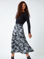 Roman Grey Floral Print Stretch Midi Skirt - Image 1 of 5