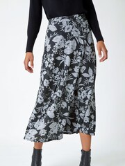 Roman Grey Floral Print Stretch Midi Skirt - Image 4 of 5