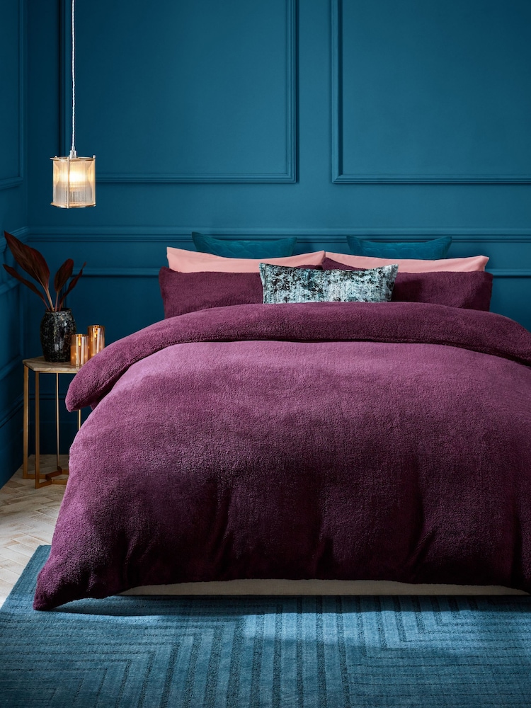 Berry Purple Soft Teddy Fleece Duvet Cover and Pillowcase Set - Image 1 of 3