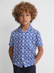 Reiss Bright Blue/White Tintipan Printed Cuban Collar Shirt - Image 1 of 6