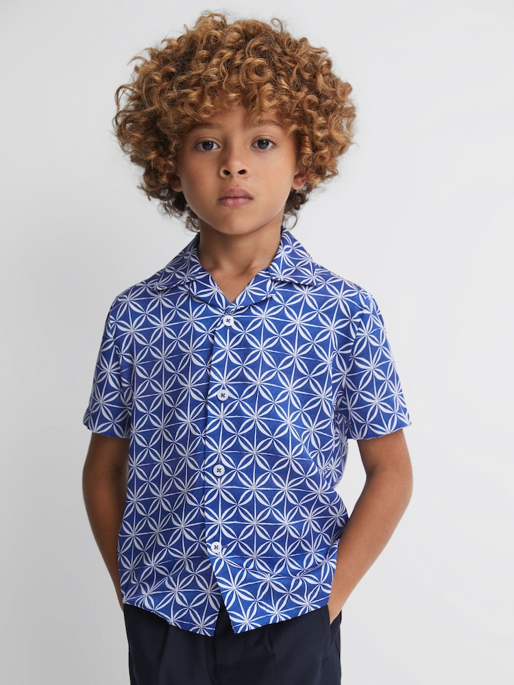 Reiss Bright Blue/White Tintipan Printed Cuban Collar Shirt - Image 1 of 6 Reiss Bright Blue/White Tintipan Printed Cuban Collar Shirt - Image 1 of 6