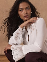 Mint Velvet Cream Embroidered Lace Trim Blouse - Image 3 of 8