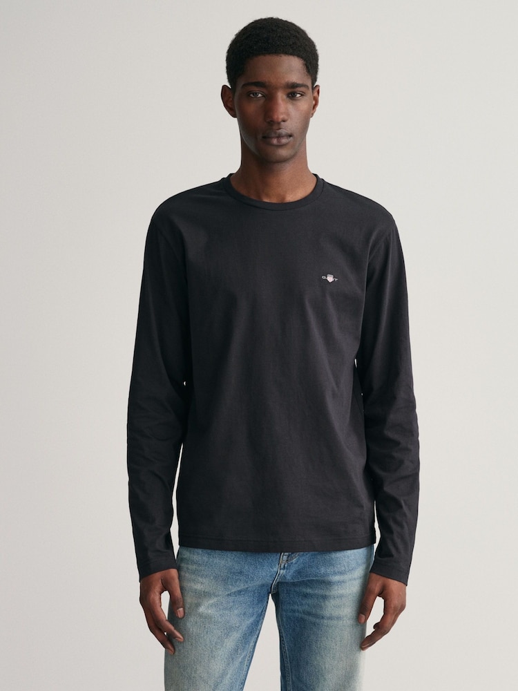 GANT Black Regular Fit Shield Logo Long Sleeve 100% Cotton T-Shirt - Image 1 of 4