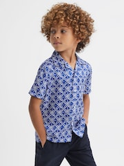 Reiss Bright Blue/White Tintipan Printed Cuban Collar Shirt - Image 1 of 6