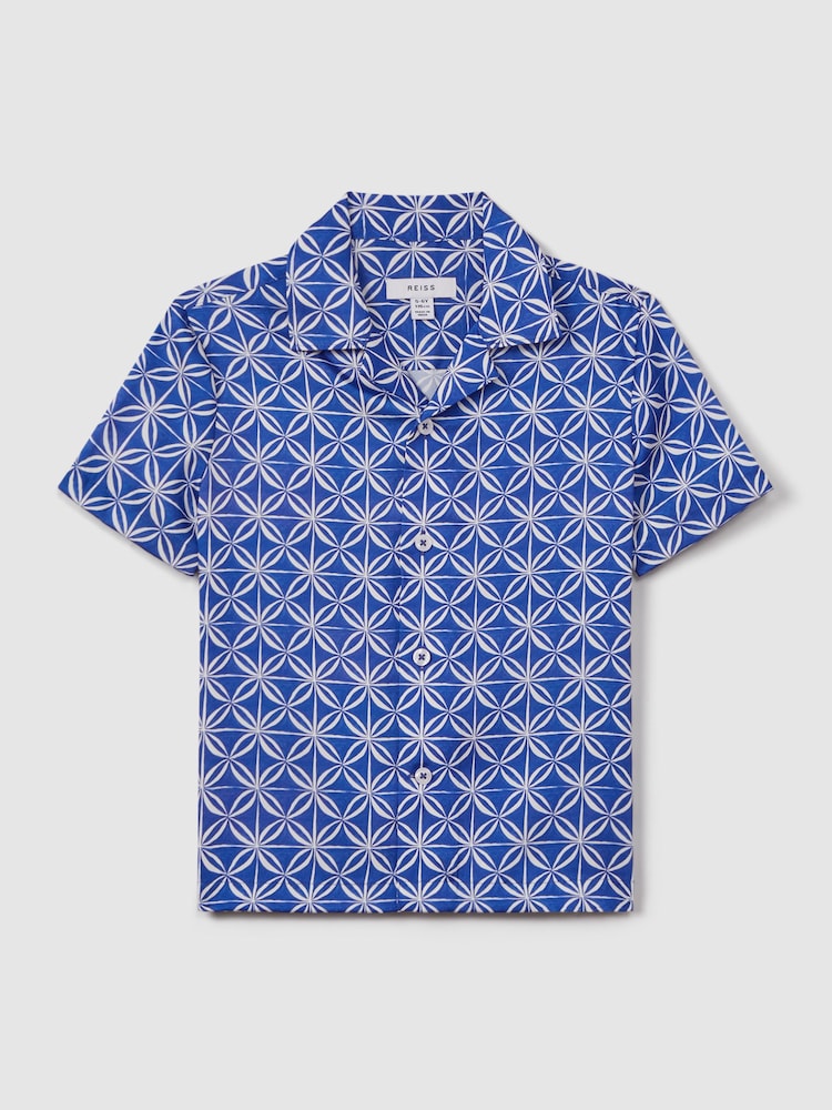 Reiss Bright Blue/White Tintipan Printed Cuban Collar Shirt - Image 2 of 6 Reiss Bright Blue/White Tintipan Printed Cuban Collar Shirt - Image 2 of 6
