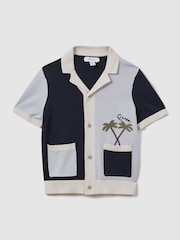 Reiss Blue Multi Ata 3-9 yrs Knitted Colourblock Cuban Collar Shirt - Image 2 of 4