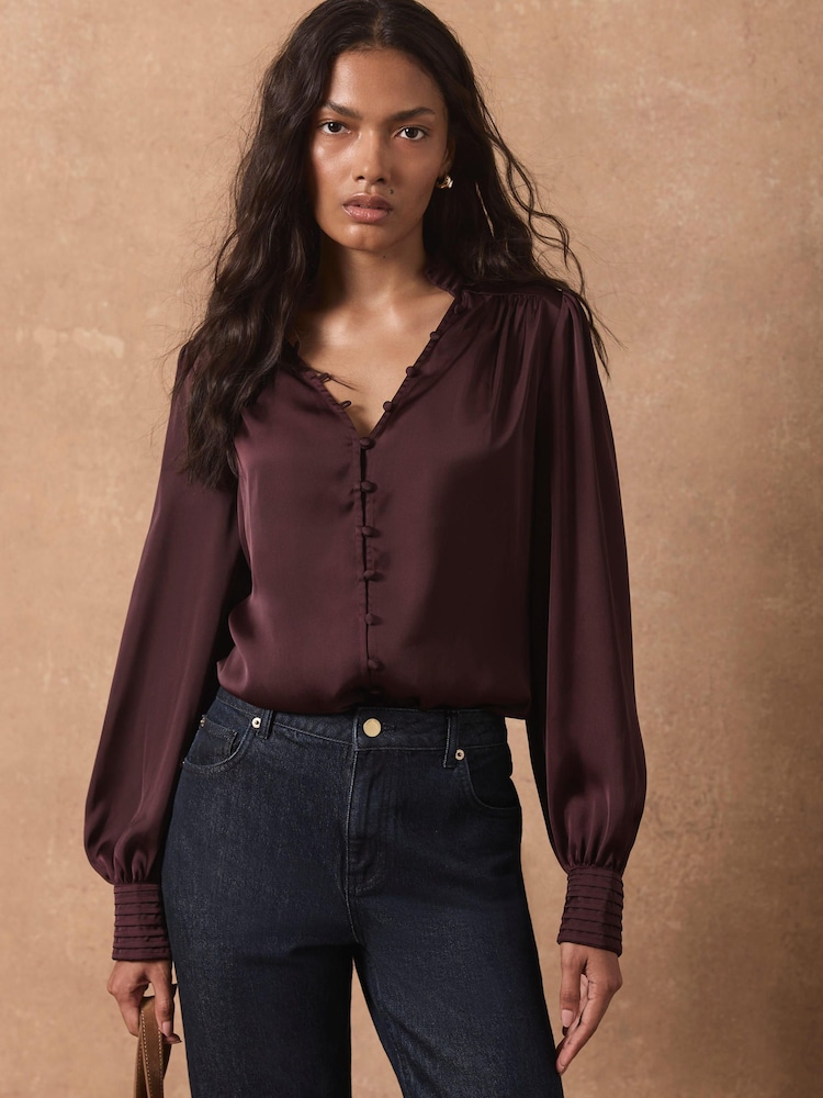 Mint Velvet Red Satin Long Sleeve Blouse - Image 2 of 8 Mint Velvet Red Satin Long Sleeve Blouse - Image 2 of 8