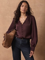 Mint Velvet Red Satin Long Sleeve Blouse - Image 5 of 8