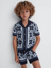 Reiss Navy Multi Hyde 13-14 yrs Knitted Cuban Collar Button-Through Shirt - Image 1 of 6