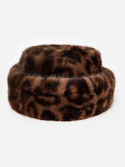 Oliver Bonas Brown Animal Print Faux Fur Hat - Image 1 of 7
