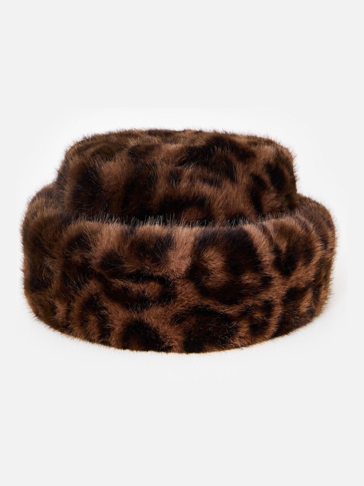 Oliver Bonas Brown Animal Print Faux Fur Hat - Image 1 of 7 Oliver Bonas Brown Animal Print Faux Fur Hat - Image 1 of 7