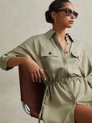 Reiss Green Leighton Viscose-Linen Tie Waist Mini Dress - Image 1 of 7