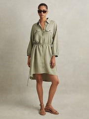 Reiss Green Leighton Viscose-Linen Tie Waist Mini Dress - Image 3 of 7