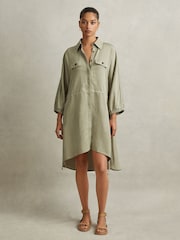 Reiss Green Leighton Viscose-Linen Tie Waist Mini Dress - Image 5 of 7