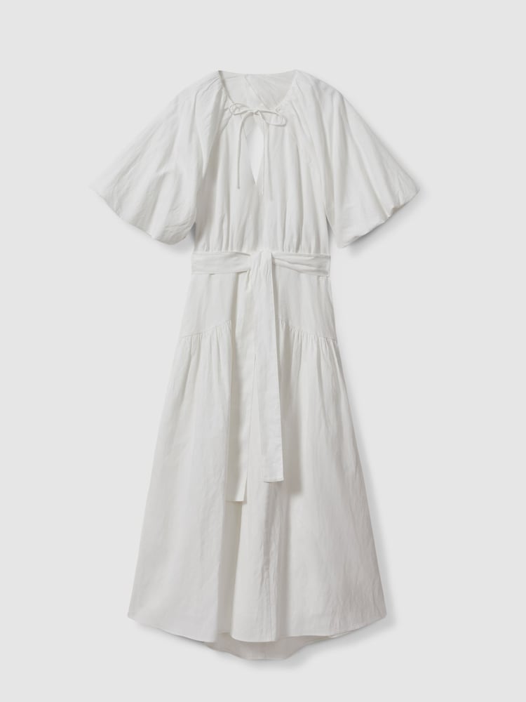 Reiss White Alice Lyocell Blend Puff Sleeve Midi Dress - Image 2 of 5
