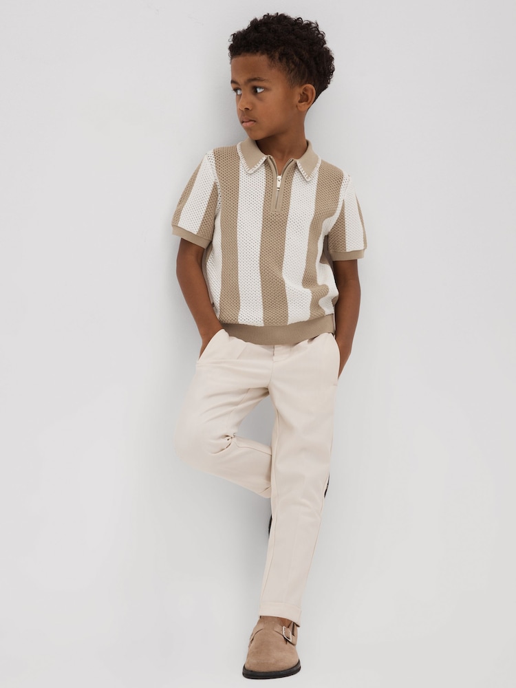 Reiss Soft Taupe/Optic White Paros 3-9 yrs Knitted Striped Half-Zip Polo Shirt - Image 1 of 4
