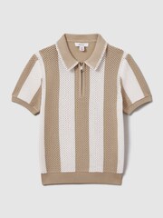 Reiss Soft Taupe/Optic White Paros 3-9 yrs Knitted Striped Half-Zip Polo Shirt - Image 2 of 4