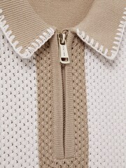 Reiss Soft Taupe/Optic White Paros 3-9 yrs Knitted Striped Half-Zip Polo Shirt - Image 4 of 4