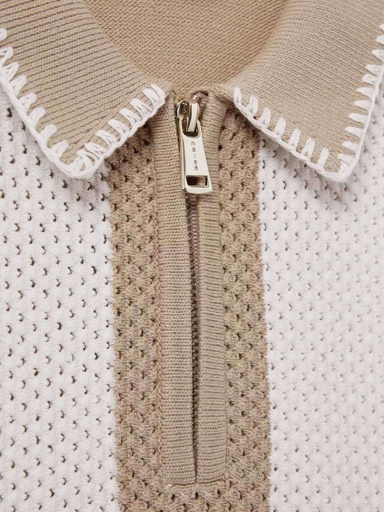 Reiss Soft Taupe/Optic White Paros 3-9 yrs Knitted Striped Half-Zip Polo Shirt - Image 4 of 4