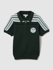 Reiss Dark Green Stark 3-9 yrs Textured Cotton Half-Zip Polo Shirt - Image 2 of 4