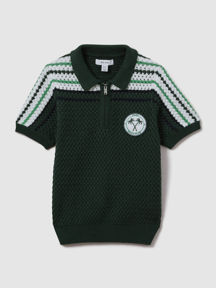 Reiss Dark Green Stark 3-9 yrs Textured Cotton Half-Zip Polo Shirt - Image 2 of 4
