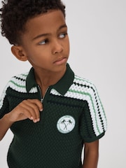 Reiss Dark Green Stark 3-9 yrs Textured Cotton Half-Zip Polo Shirt - Image 3 of 4