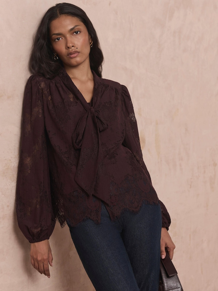 Mint Velvet Red Lace Pussybow Blouse - Image 1 of 7 Mint Velvet Red Lace Pussybow Blouse - Image 1 of 7