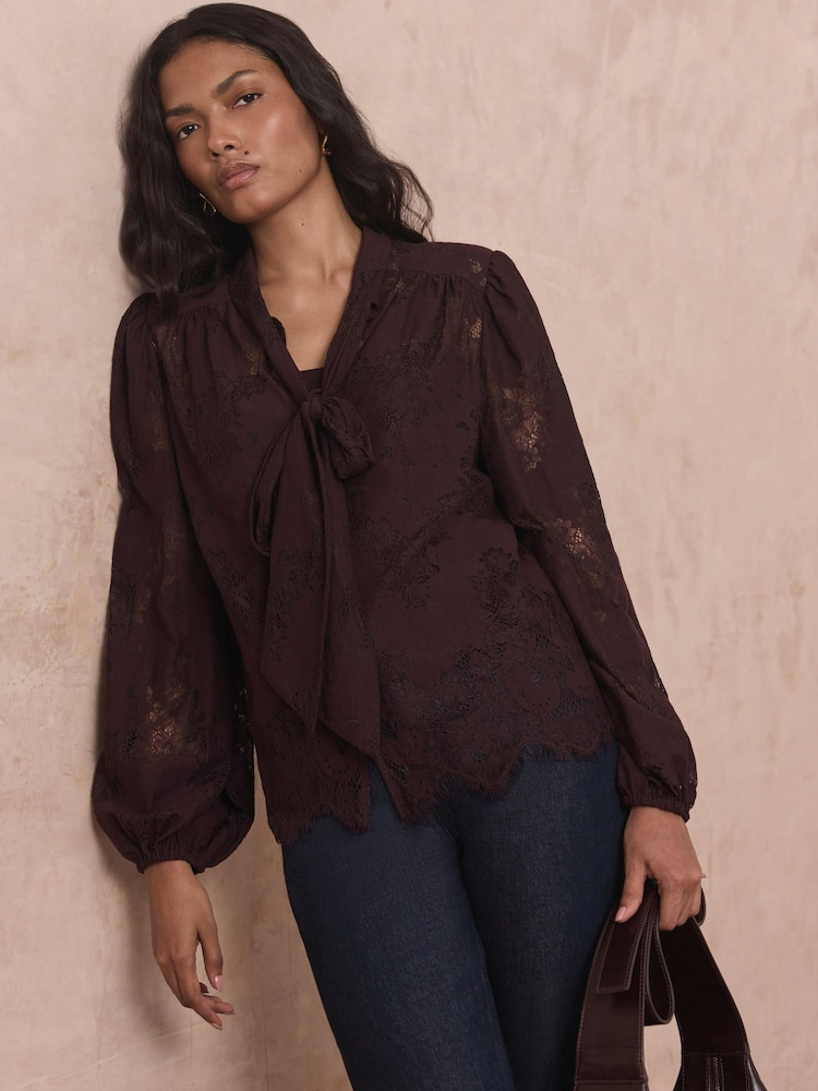 Mint Velvet Red Lace Pussybow Blouse - Image 2 of 7 Mint Velvet Red Lace Pussybow Blouse - Image 2 of 7