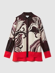 Reiss Burgundy/Cream Kari Printed High-Low Button-Through Shirt - Image 2 of 6
