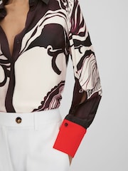 Reiss Burgundy/Cream Kari Printed High-Low Button-Through Shirt - Image 4 of 6