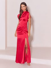 Lipsy Red Satin Ruched Short Sleeve Fit And Flare Maxi Dress - Image 1 of 6