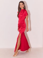 Lipsy Red Satin Ruched Short Sleeve Fit And Flare Maxi Dress - Image 4 of 6