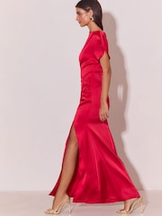 Lipsy Red Satin Ruched Short Sleeve Fit And Flare Maxi Dress - Image 5 of 6