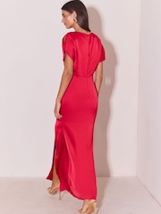 Lipsy Red Satin Ruched Short Sleeve Fit And Flare Maxi Dress - Image 6 of 6