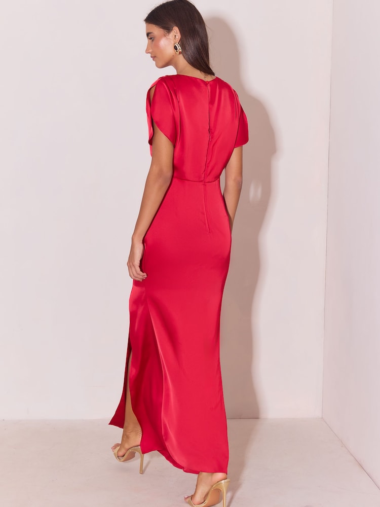Lipsy Red Satin Ruched Short Sleeve Fit And Flare Maxi Dress - Image 6 of 6