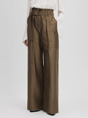 Reiss Khaki Maria Wide Leg Paper Bag Trousers - Image 1 of 6
