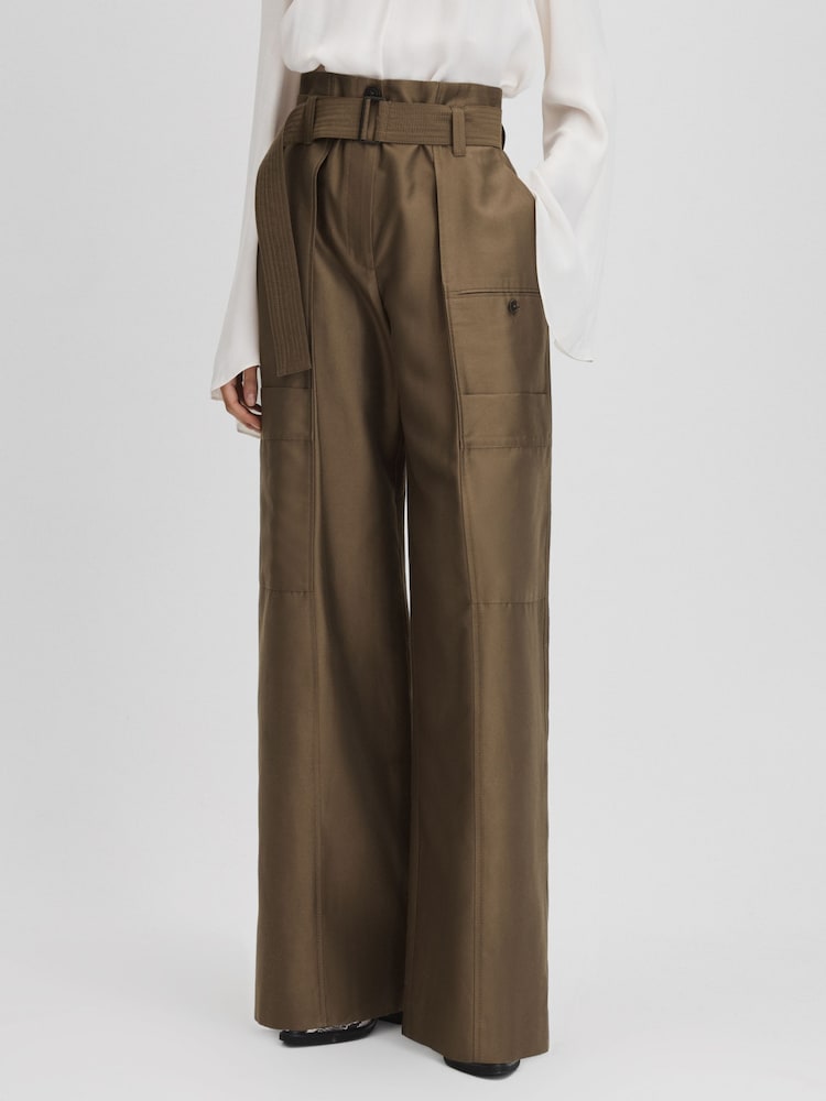 Reiss Khaki Maria Wide Leg Paper Bag Trousers - Image 1 of 6