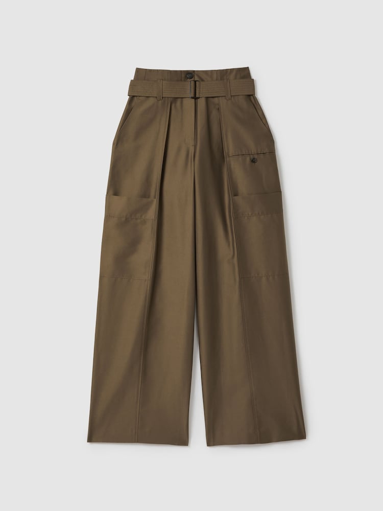 Reiss Khaki Maria Wide Leg Paper Bag Trousers - Image 2 of 6