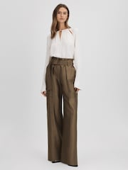 Reiss Khaki Maria Wide Leg Paper Bag Trousers - Image 3 of 6