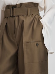 Reiss Khaki Maria Wide Leg Paper Bag Trousers - Image 4 of 6