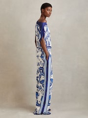 Reiss Blue Diana Tile Print Off-The-Shoulder Jumpsuit - Image 1 of 5