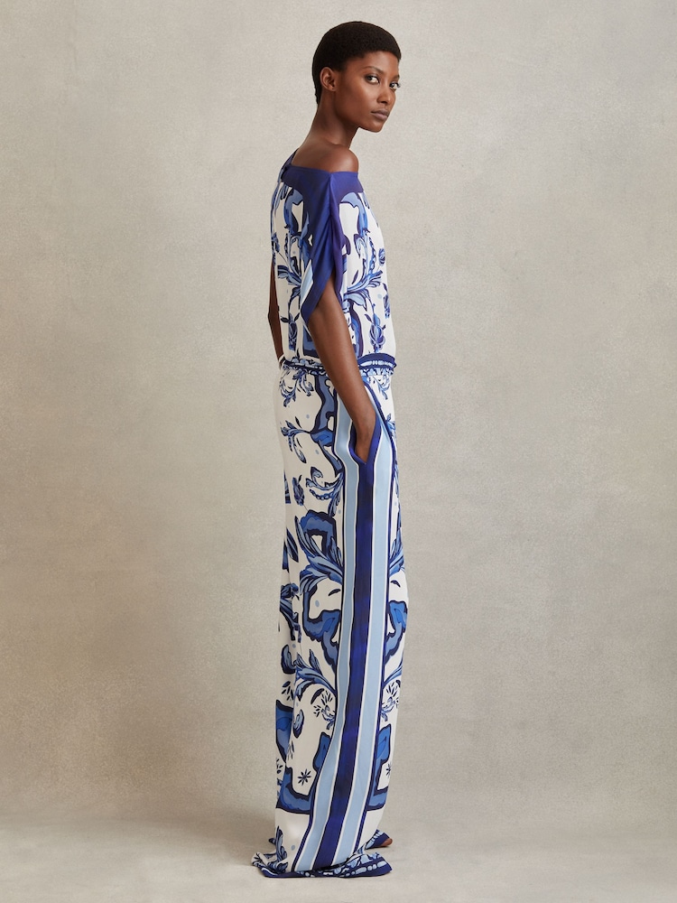 Reiss Blue Diana Tile Print Off-The-Shoulder Jumpsuit - Image 1 of 5