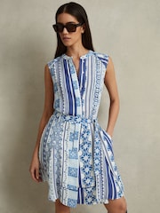 Reiss Blue Florence Tile Print Belted Mini Dress - Image 1 of 5
