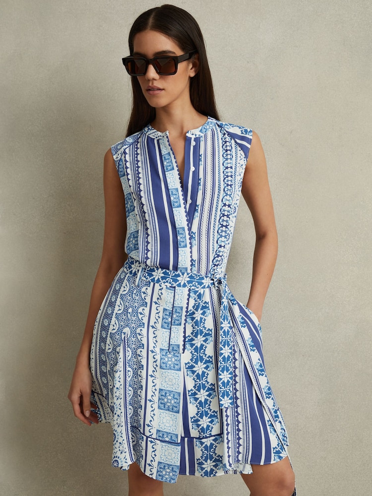 Reiss Blue Florence Tile Print Belted Mini Dress - Image 1 of 5