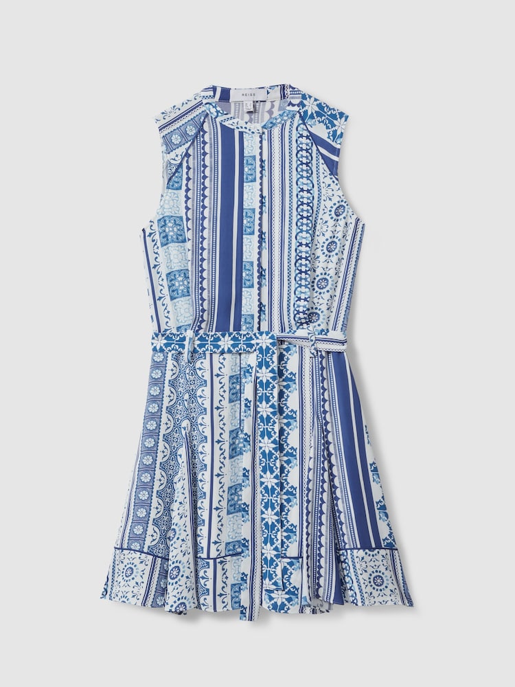 Reiss Blue Florence Tile Print Belted Mini Dress - Image 2 of 5