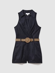 Reiss Navy Mila Linen Double Breasted Belted Playsuit - Image 2 of 6